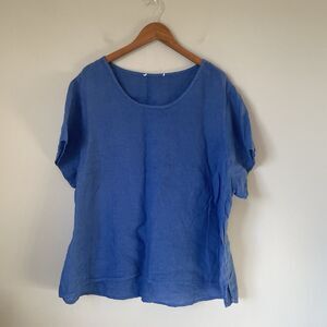 100% Linen Blouse Top Short Sleeve Scoop Neck Flowy Royal Blue Women's Size XL